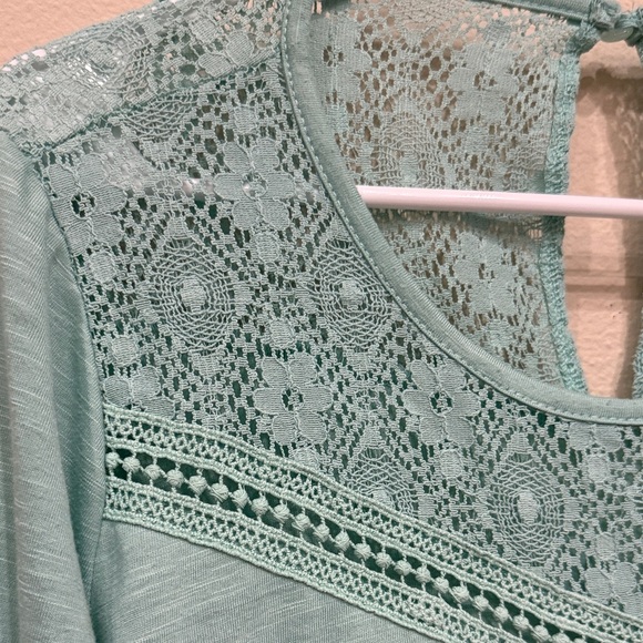 New Directions Teal Lace Fringe Blouse With Wide Sleeve Toward Hand Size M - Picture 6 of 11